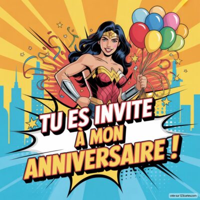Invitation anniversaire pour enfants sur le thème Wonder Woman, avec une héroïne souriante tenant des ballons colorés.