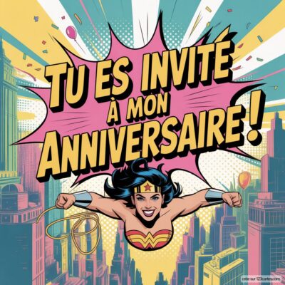 Invitation d'anniversaire virtuelle pour enfants, avec Wonder Woman et le texte « Tu es invité à mon anniversaire ! ».
