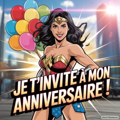 Invitation virtuelle d'anniversaire sur le thème de Wonder Woman, avec un personnage souriant tenant des ballons colorés.