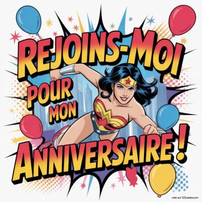 Invitation d'anniversaire virtuelle sur le thème Wonder Woman, avec des ballons colorés et le texte « Rejoins-moi pour mon anniversaire ! »