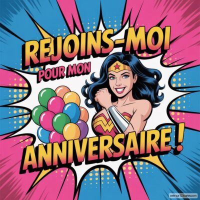 Illustration colorée d'une super-héroïne souriante avec des ballons, invitant à un anniversaire sur le thème Wonder Woman.