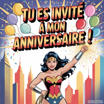 Invitation anniversaire virtuelle pour enfants sur le thème Wonder Woman, avec décors urbains et ballons colorés.