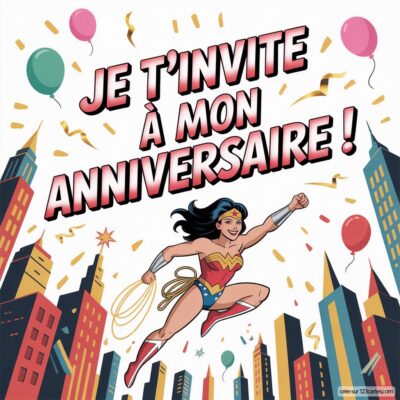 Invitation d'anniversaire virtuelle pour enfants sur le thème Wonder Woman, avec des ballons et une ville en arrière-plan.