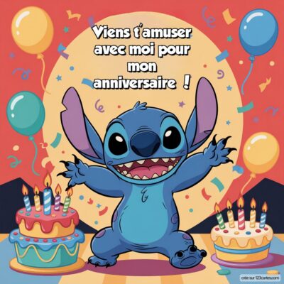 Invitation à un anniversaire avec Stitch, gâteaux d'anniversaire et ballons.