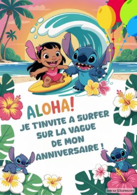 Invitation d'anniversaire amusante avec Stitch et Lilo sur une planche de surf au bord de la mer. Aloha et fête tropicale!