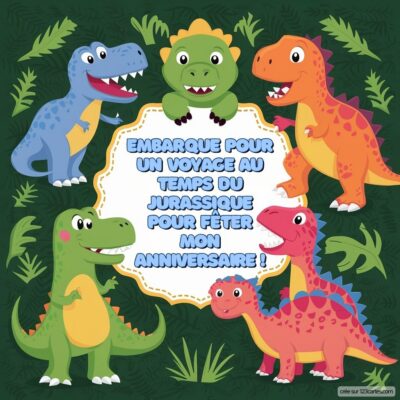 Invitation d'anniversaire avec des dinosaures joyeux sur fond de feuillage. Texte : 