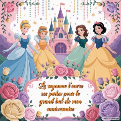 Invitation d'anniversaire avec quatre princesses entourées de roses et un château. Texte invitant au bal d'anniversaire.