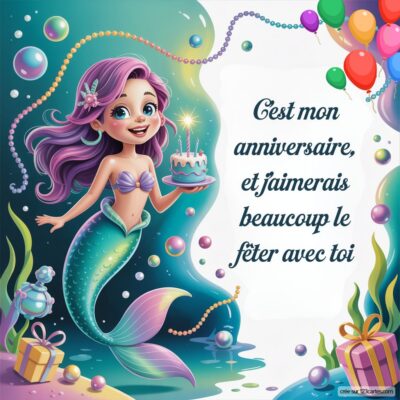 Invitation d'anniversaire montrant une sirène souriante tenant un gâteau, entourée de ballons et de cadeaux.