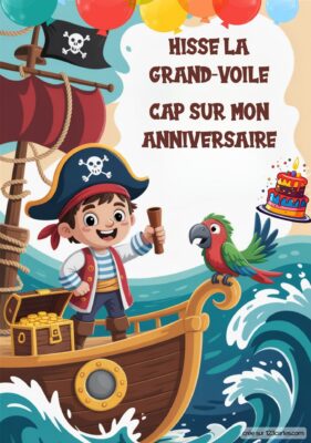 Invitation d'anniversaire en mer, avec un pirate souriant tenant un rouleau, un perroquet et un gâteau, sur un bateau.