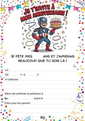 Invitation d'anniversaire avec Captain America, gâteau coloré et confettis.