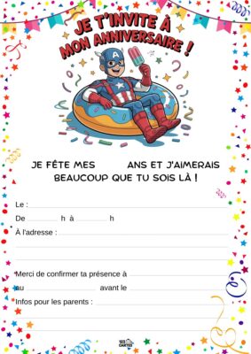 Invitation anniversaire avec Captain America sur une bouée, entouré de confettis et d'étoiles.