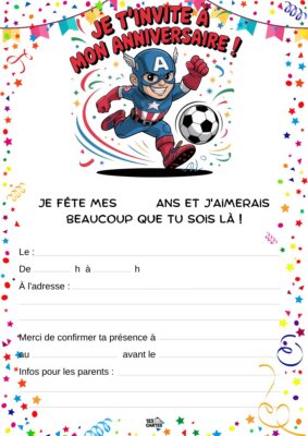 Invitation d'anniversaire avec Captain America, tenant un ballon de football, entouré de confettis.