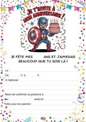 Invitation d'anniversaire sur fond festif, avec captain america portant un bouclier et un gâteau au centre.