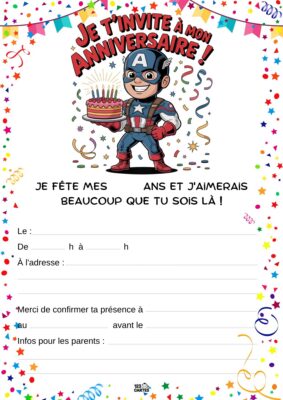 Invitation d'anniversaire avec Captain America tenant un gâteau, entouré de confettis et de décorations festives.