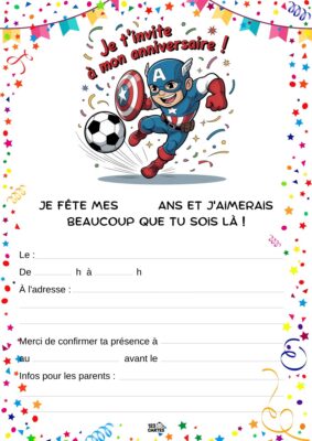 Invitation d'anniversaire avec Captain America jouant au football, entourée de confettis et étoiles.