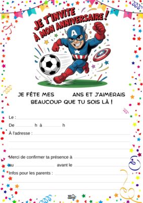 Invitation d'anniversaire avec Captain America en tenue de super-héros jouant au football et lançant son bouclier.