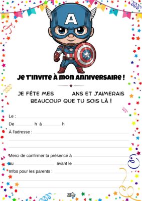 Invitation d'anniversaire avec un dessin de Captain America, joyeux, portant son bouclier et entouré de confettis.