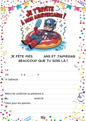 Invitation d'anniversaire avec Captain America, assis sur une bouée dans une piscine.
