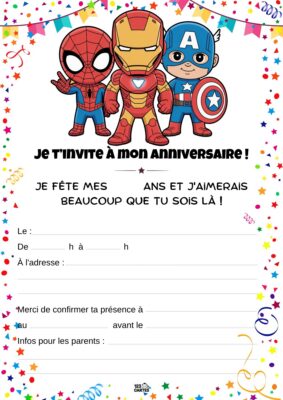Invitation d'anniversaire avec Spider-Man, Iron Man et Captain America, entourée de confettis et étoiles.
