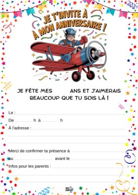 Invitation d'anniversaire avec Captain america pilotant un avion.