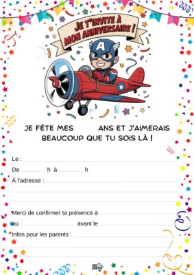 Invitation d'anniversaire avec un enfant costumé en Captain America pilotant un avion rouge, entouré d'étoiles.