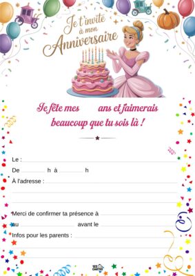 Invitation anniversaire sur le thème de Cendrillon, avec Cendrillon en robe rose, tenant un gâteau d'anniversaire decoré.