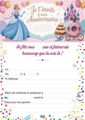 Invitation d'anniversaire avec Cendrillon en robe de bal, entourée de ballons et d'une citrouille, devant un château féerique.