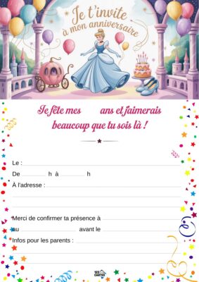 Invitation d'anniversaire avec Cendrillon en robe bleue, entourée de ballons et de gâteaux, devant son carrosse.