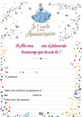 Illustration de Cendrillon en robe de bal bleue, entourée de papillons et d'étoiles scintillantes sur une invitation d'anniversaire.
