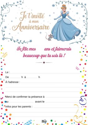 Invitation d'anniversaire illustrée avec Cendrillon, en robe élégante, accompagnée d'une souris. Un thème féerique.