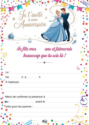 Invitation d'anniversaire sur le thème de Cendrillon, illustrant Cendrillon en robe bleue dansante avec son prince, entourée de motifs festifs.
