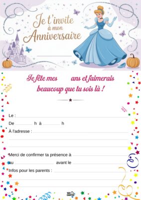 Invitée en robe bleue, Cendrillon danse joyeusement devant son château, entourée de citrouilles et d'étoiles scintillantes.