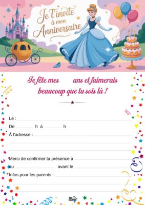 Invitation d'anniversaire avec Cendrillon en robe bleue, devant un château et une carrosse, entourée de gâteaux et de ballons.