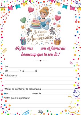 Invitation d'anniversaire avec Cendrillon décorant un gâteau, entourée de ballons et de cadeaux, dans un style festif et joyeux.