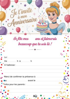 Illustration de Cendrillon, vêtue de sa robe bleu ciel, tenant un gâteau d'anniversaire décoré de bougies, entourée de ballons festifs.