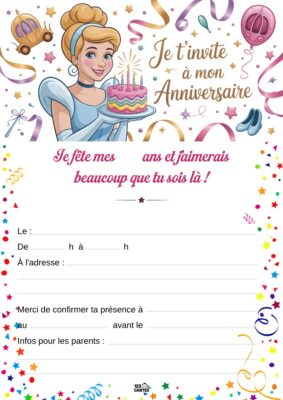 Illustration de Cendrillon en robe bleue, souriante avec un gâteau d'anniversaire, entourée de décorations festives.