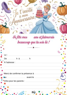 Invitation d'anniversaire avec Cendrillon en robe de bal, tenant un gâteau festif, décorée de pantoufles et citrouilles.