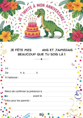 Invitation d'anniversaire avec un dinosaure vert souriant à côté d'un gâteau festif, entouré de fleurs tropicales.