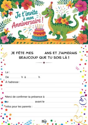 Invitation d'anniversaire sur le thème des dinosaures, avec un dinosaure vert devant un gâteau entouré de fleurs tropicales.