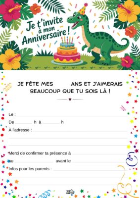 Invitation d'anniversaire avec un dinosaure souriant entouré de fleurs tropicales et d'un gâteau festif, évoquant une ambiance joyeuse.