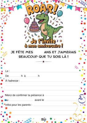 Invitation d'anniversaire sur le thème des dinosaures, avec un T-Rex joyeux entouré de ballons et d'un gâteau.