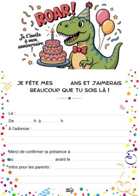 Invitation d'anniversaire avec un dinosaure souriant portant un nœud papillon, tenant un gâteau et des ballons festifs.