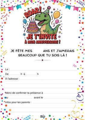 Invitation d'anniversaire avec un dinosaure joyeux et un gâteau entouré de ballons et de confettis, pour une fête festive.