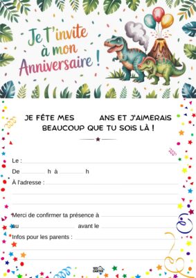 Invitation d'anniversaire avec des dinosaures rigolos, palmier en arrière-plan et un volcan en éruption. Amusement garanti !