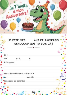 Invitation d'anniversaire avec un dinosaure souriant tenant un gâteau, entouré de ballons et de confettis joyeux.