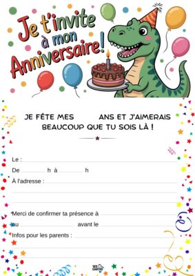 Invitation d'anniversaire avec un dinosaure souriant portant un chapeau de fête, entouré de ballons et d'un gâteau.