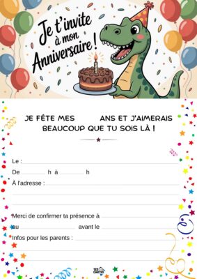 Invitation d'anniversaire avec un dinosaure souriant tenant un gâteau, entouré de ballons et de confettis festifs.