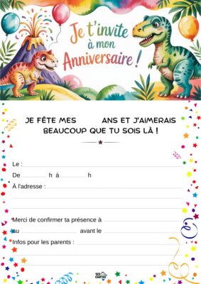 Invitation d'anniversaire avec des dinosaures jouant joyeusement, entourés de ballons et de confettis, sur un fond naturel.