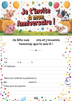 Invitation d'anniversaire sur le thème de la ferme, avec des animaux comme des cochons et une vache, entourés de ballons et de paille.