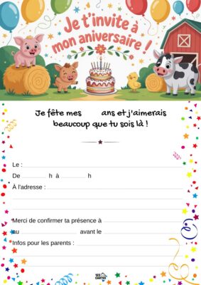 Invitation d'anniversaire sur le thème de la ferme, avec des animaux comme un cochon, une vache et un gâteau au centre, devant une grange.